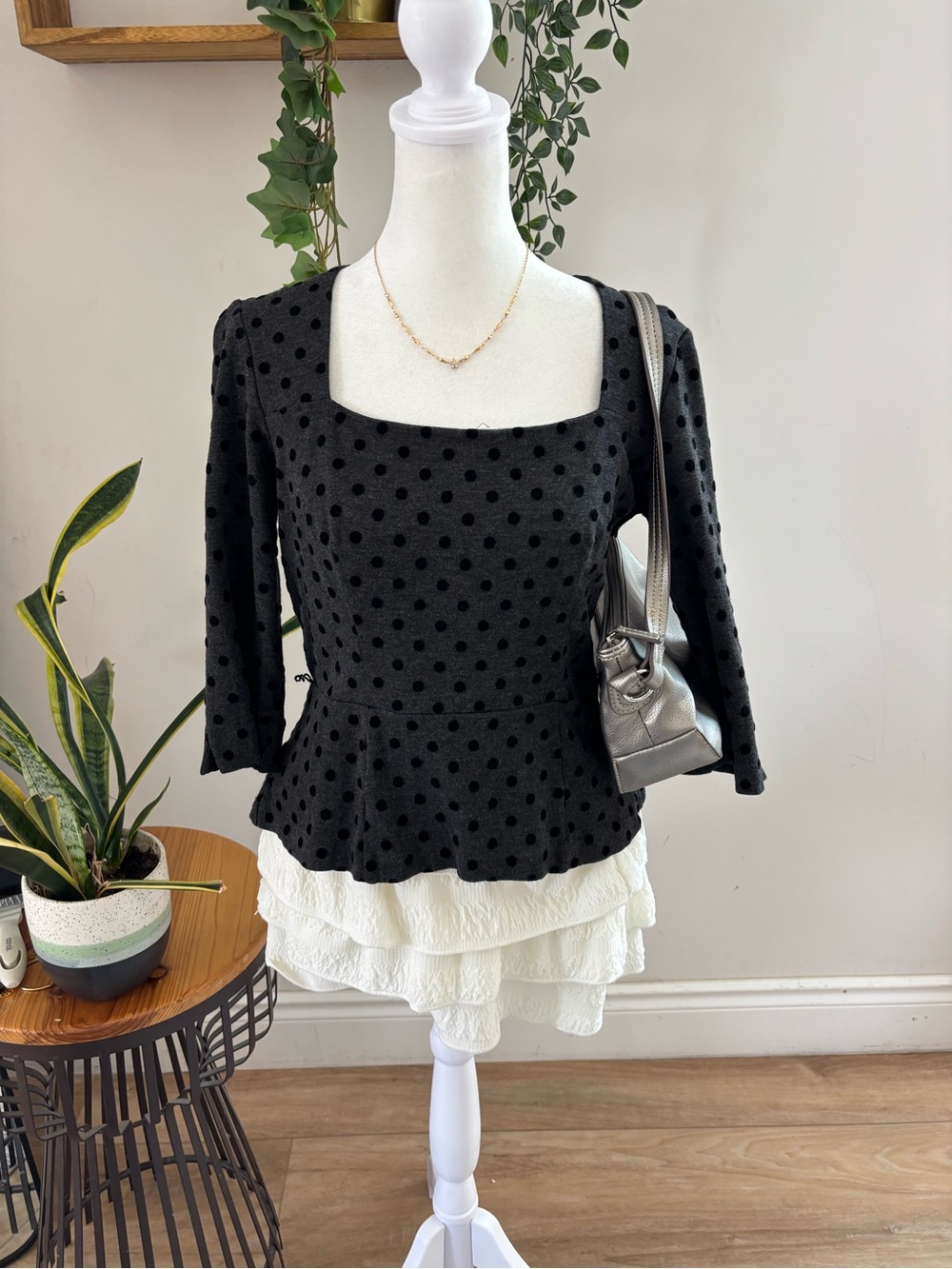 White House Black Market Black Polka Dot Square Neck Peplum Top